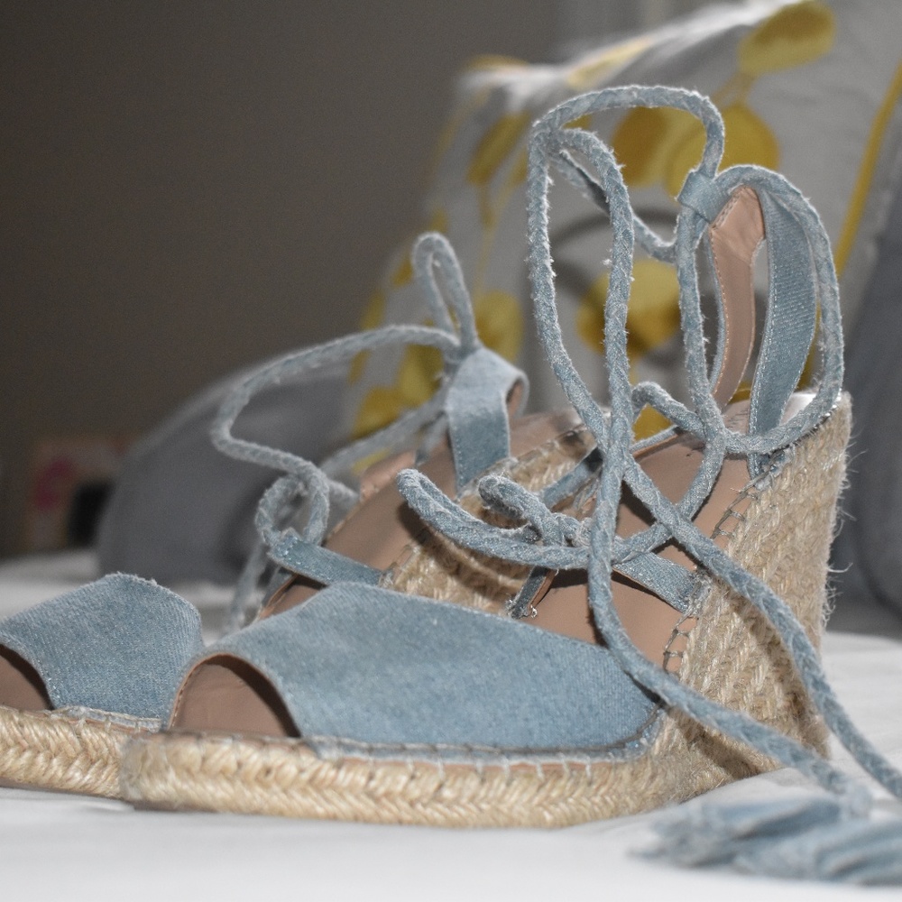 Wicker and Denim Wedges